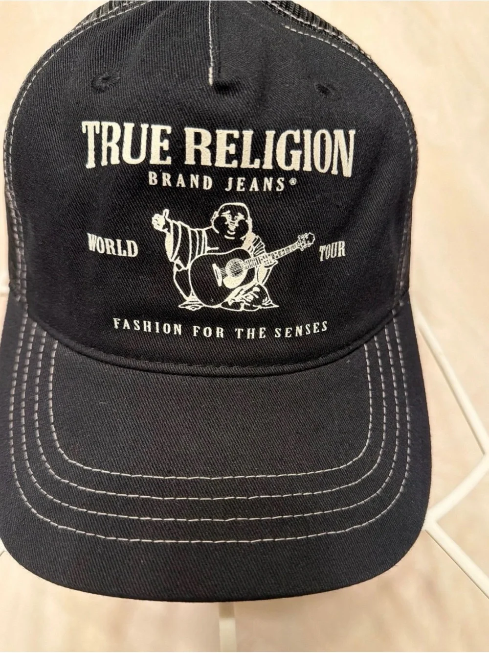 True Religion Black Cap with White Logo Guitar Graphic